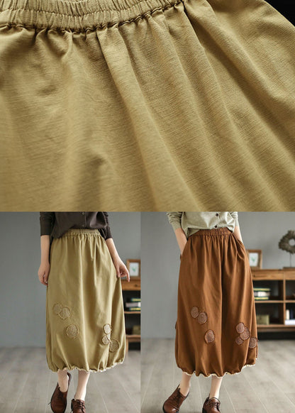 Handmade Khaki Embroideried Elastic Waist Patchwork Cotton Skirts Spring LY4140 - fabuloryshop