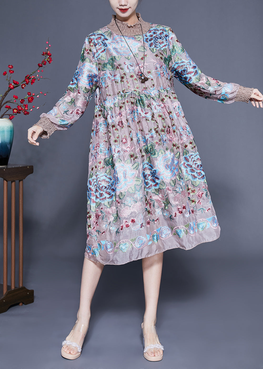 Handmade Khaki High Neck Embroideried Silk Maxi Dresses Spring LY1077 - fabuloryshop
