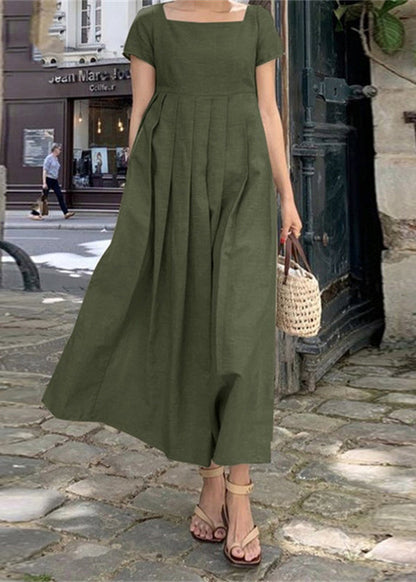 Handmade Khaki Square Collar Patchwork Wrinkled Maxi Dress Summer LY2581 - fabuloryshop