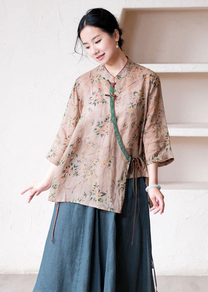 Handmade Khaki Stand Collar Print Patchwork Linen Shirts Summer LY2564 - fabuloryshop