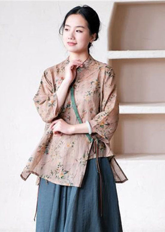 Handmade Khaki Stand Collar Print Patchwork Linen Shirts Summer LY2564 - fabuloryshop