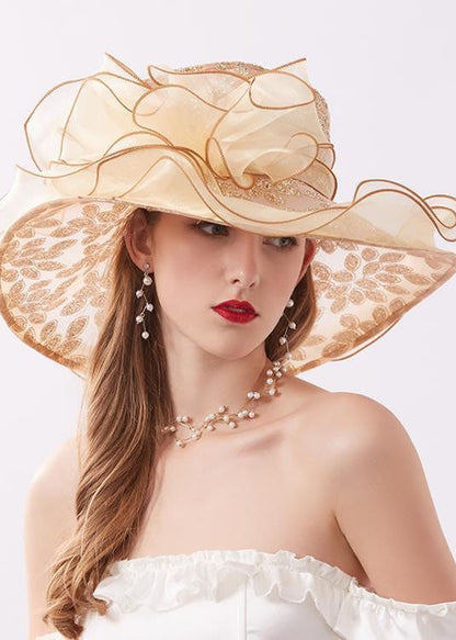 Handmade Khaki Zircon Chiffon Patchwork Floral Tulle Floppy Sun Hat LC0466 - fabuloryshop