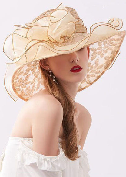 Handmade Khaki Zircon Chiffon Patchwork Floral Tulle Floppy Sun Hat LC0466 - fabuloryshop