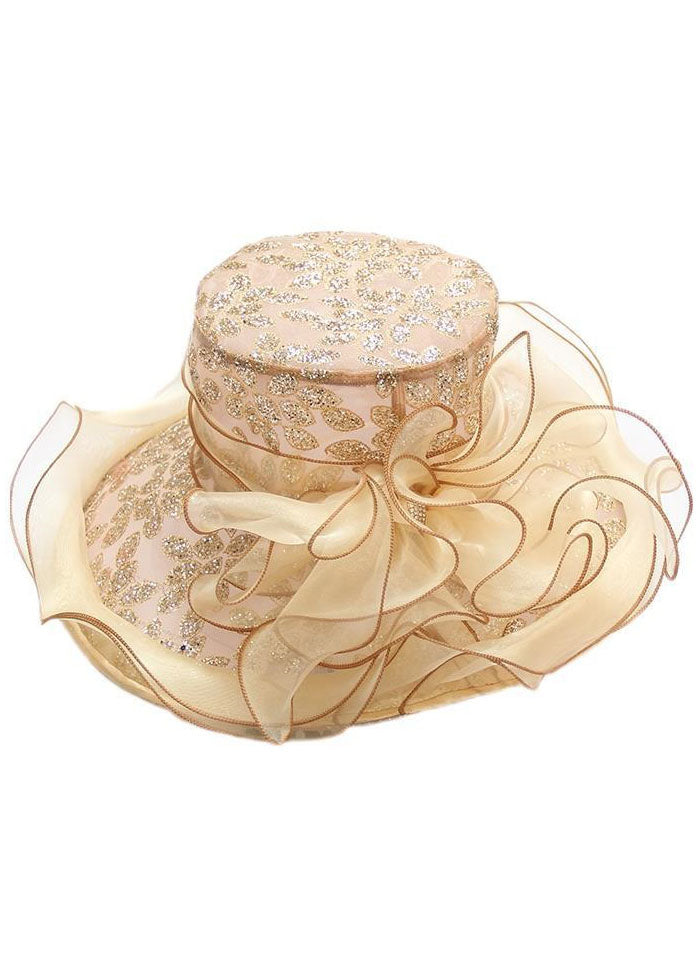 Handmade Khaki Zircon Chiffon Patchwork Floral Tulle Floppy Sun Hat LC0466 - fabuloryshop
