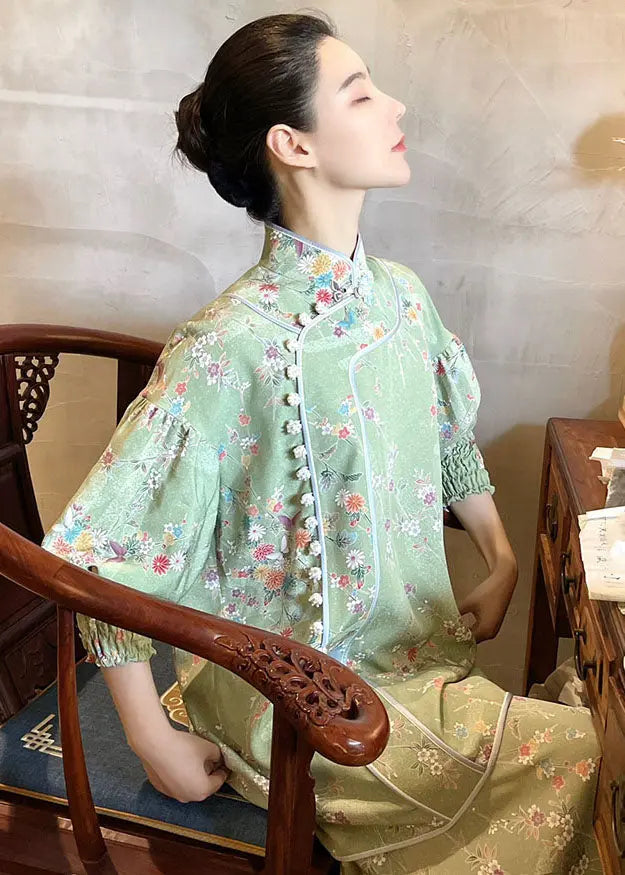 Handmade Light Green Embroidered Button Silk Top And Maxi Skirts Two Pieces Set Fall Ada Fashion