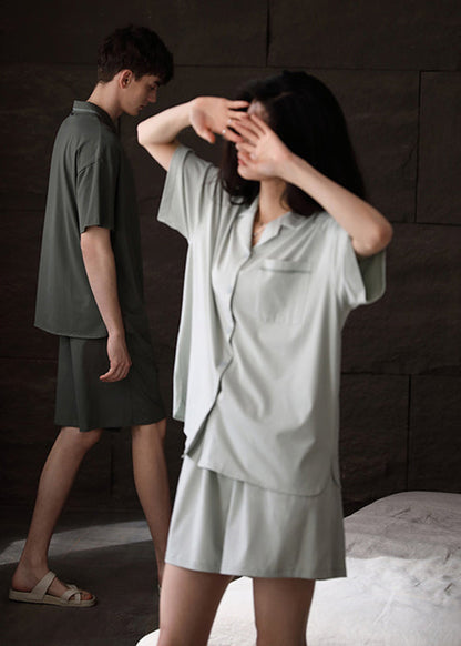 Handmade Light Green Peter Pan Collar Button Cotton Couple Pajamas Two Piece Set Summer LY2838 - fabuloryshop