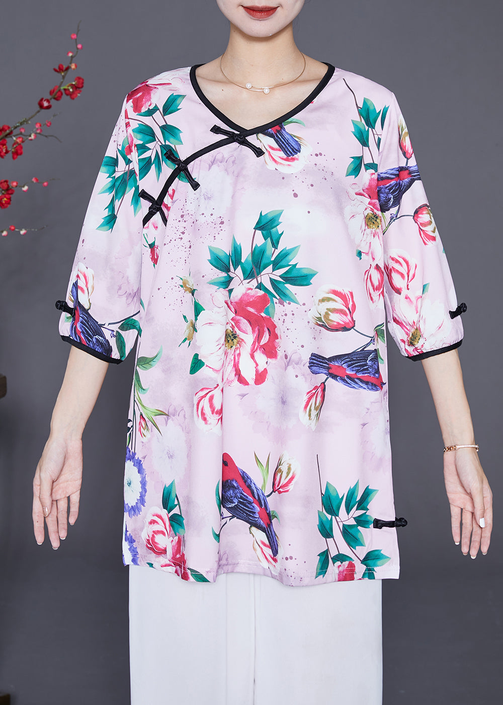 Handmade Light Purple Chinese Button Print Chiffon Blouses Half Sleeve Ada Fashion