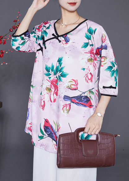 Handmade Light Purple Chinese Button Print Chiffon Blouses Half Sleeve Ada Fashion