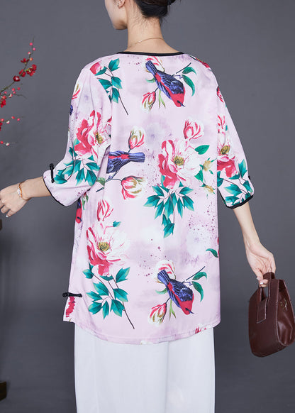 Handmade Light Purple Chinese Button Print Chiffon Blouses Half Sleeve Ada Fashion