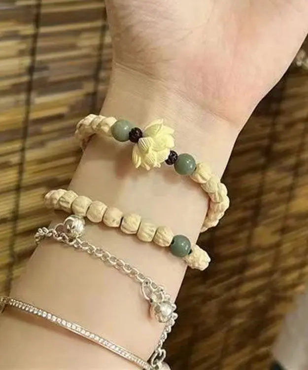 Handmade Light Yellow Lotus Buddha Beads Charm Bracelet Ada Fashion