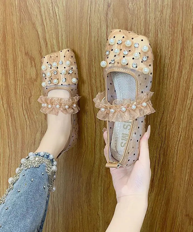 Handmade Loafer Shoes Splicing Tulle Khaki Ruffles Nail Bead Zircon Ada Fashion