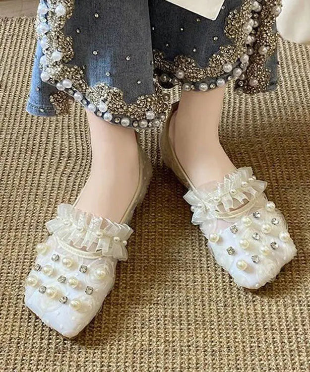 Handmade Loafer Shoes Splicing Tulle Khaki Ruffles Nail Bead Zircon Ada Fashion