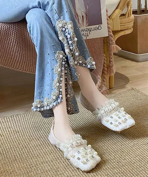 Handmade Loafer Shoes Splicing Tulle Khaki Ruffles Nail Bead Zircon Ada Fashion