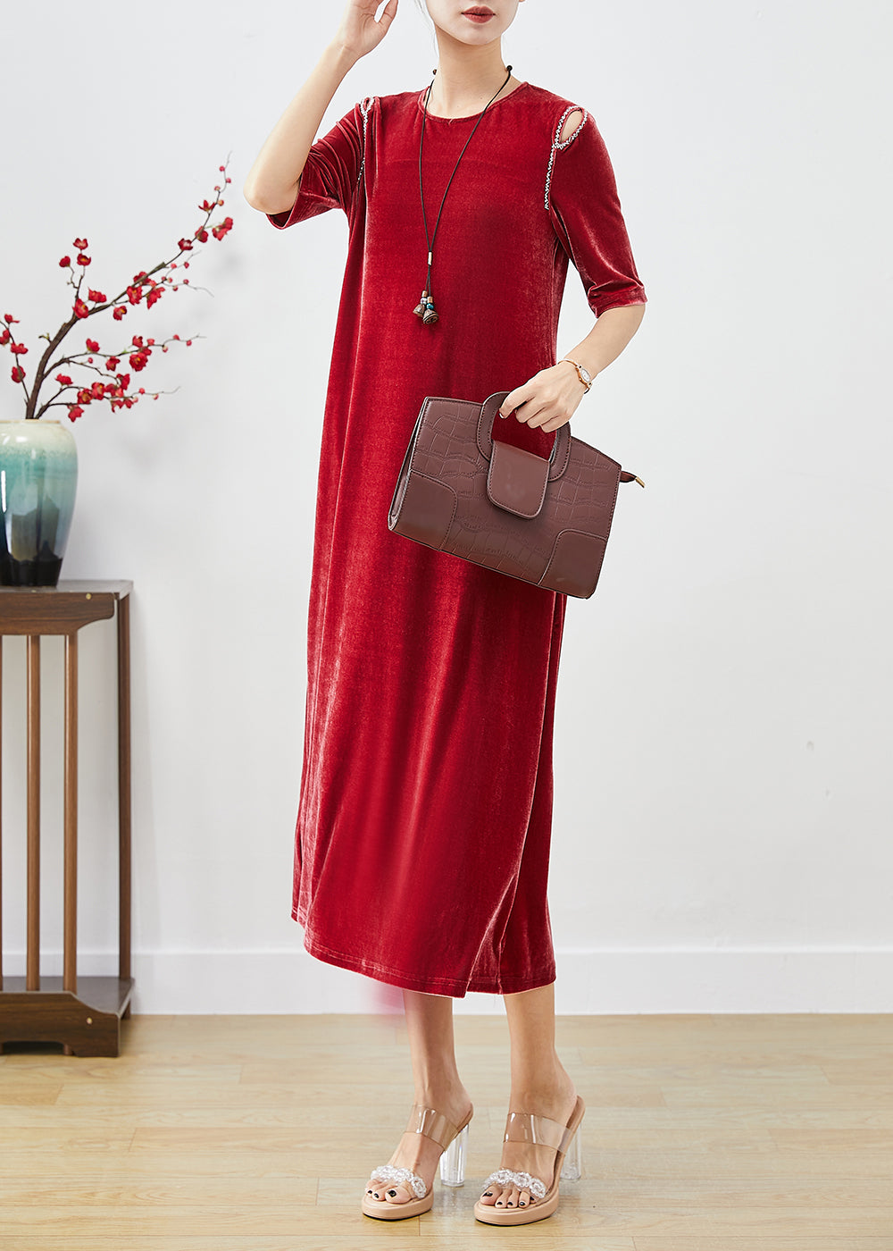 Handmade Mulberry Cold Shoulder Silk Velour Long Dress Fall Ada Fashion