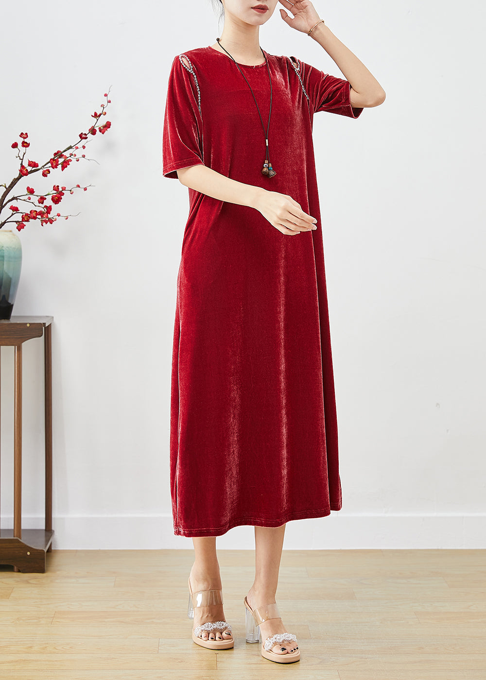 Handmade Mulberry Cold Shoulder Silk Velour Long Dress Fall Ada Fashion