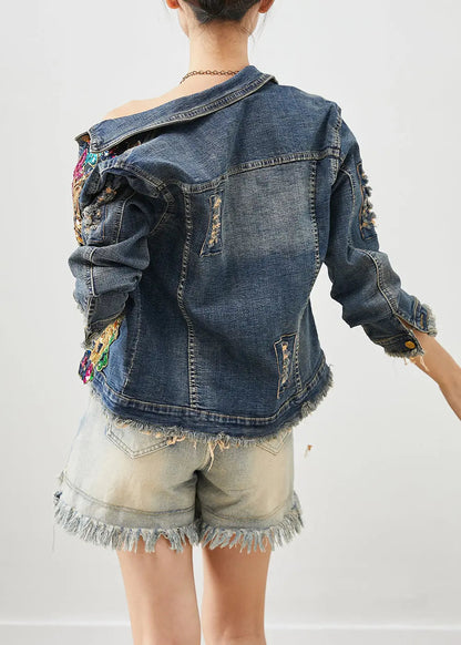 Handmade Navy Sequins Denim Ripped Coats Fall Ada Fashion