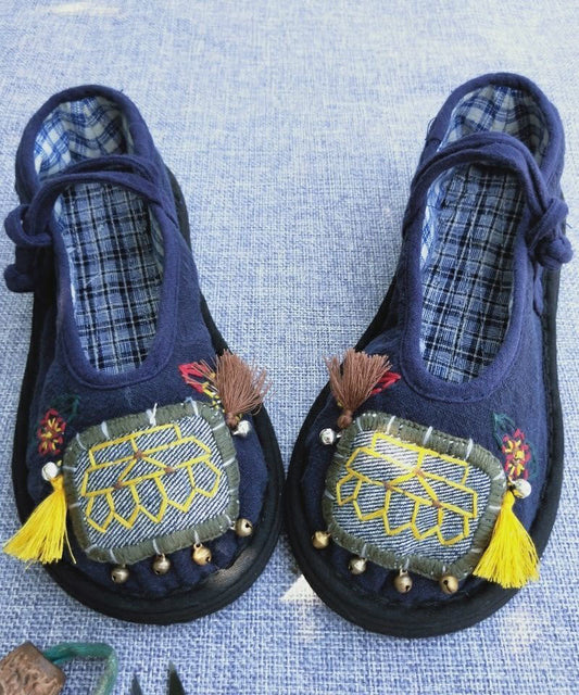 Handmade Navy Tassel Splicing Women Cotton Fabric Flat Feet Shoes LY4301 - fabuloryshop