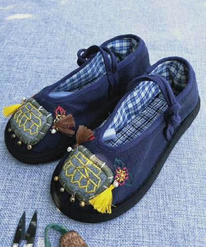 Handmade Navy Tassel Splicing Women Cotton Fabric Flat Feet Shoes LY4301 - fabuloryshop