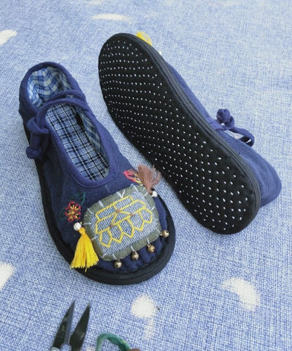 Handmade Navy Tassel Splicing Women Cotton Fabric Flat Feet Shoes LY4301 - fabuloryshop