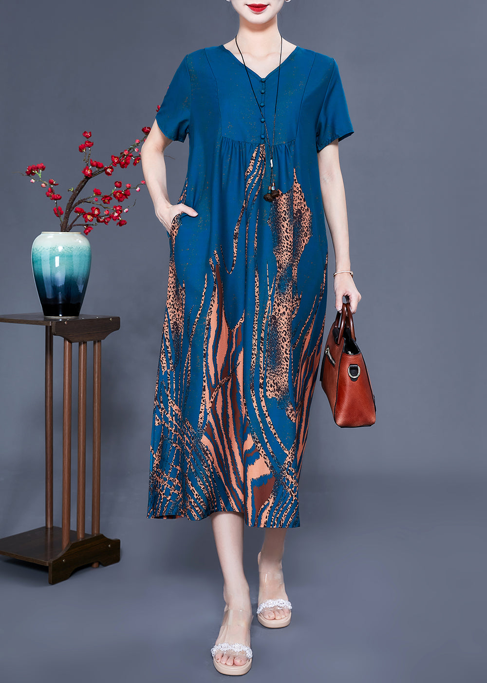 Handmade Navy V Neck Wrinkled Print Silk Vaction Dress Summer LY0928 - fabuloryshop