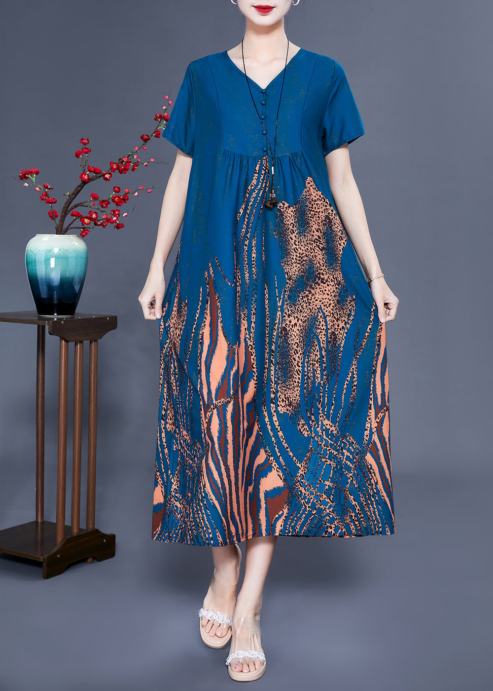 Handmade Navy V Neck Wrinkled Print Silk Vaction Dress Summer LY0928 - fabuloryshop