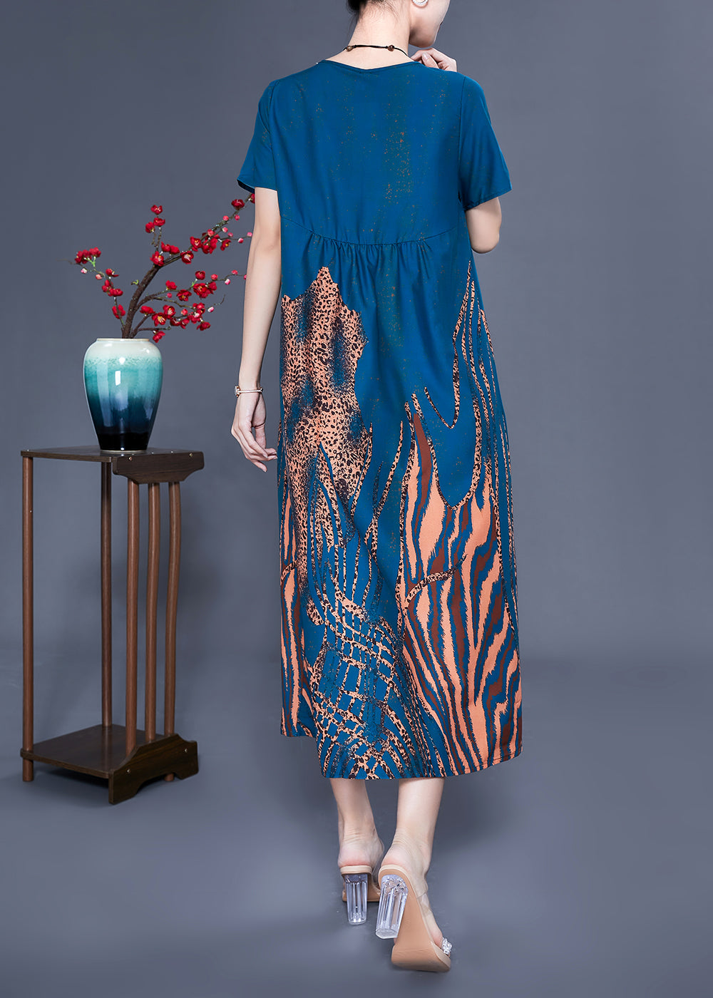 Handmade Navy V Neck Wrinkled Print Silk Vaction Dress Summer LY0928 - fabuloryshop