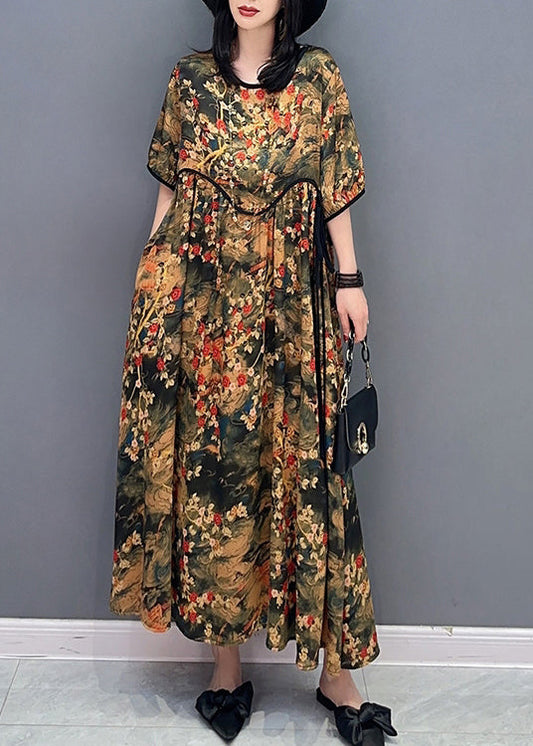 Handmade O-Neck Print Patchwork Long Dresses Short Sleeve LC0300 - fabuloryshop