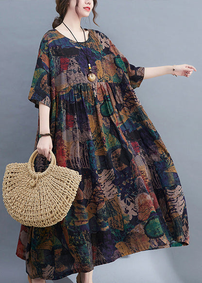 Handmade O-Neck Print Patchwork Maxi Dresses Bracelet Sleeve Ada Fashion