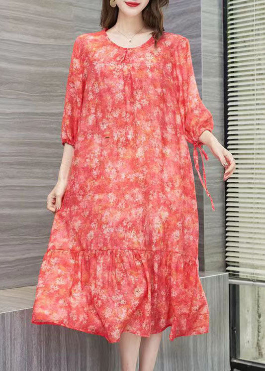 Handmade Orange O Neck Print Wrinkled Patchwork Cotton Dress Summer Ada Fashion