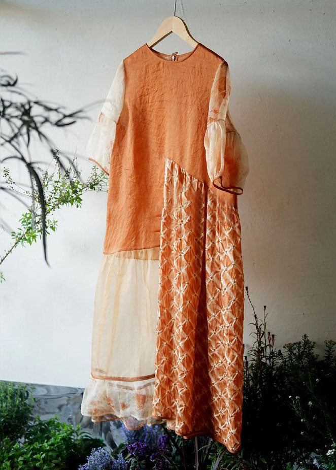 Handmade Orange O Neck Wrinkled Patchwork Cotton Dress Summer Ada Fashion