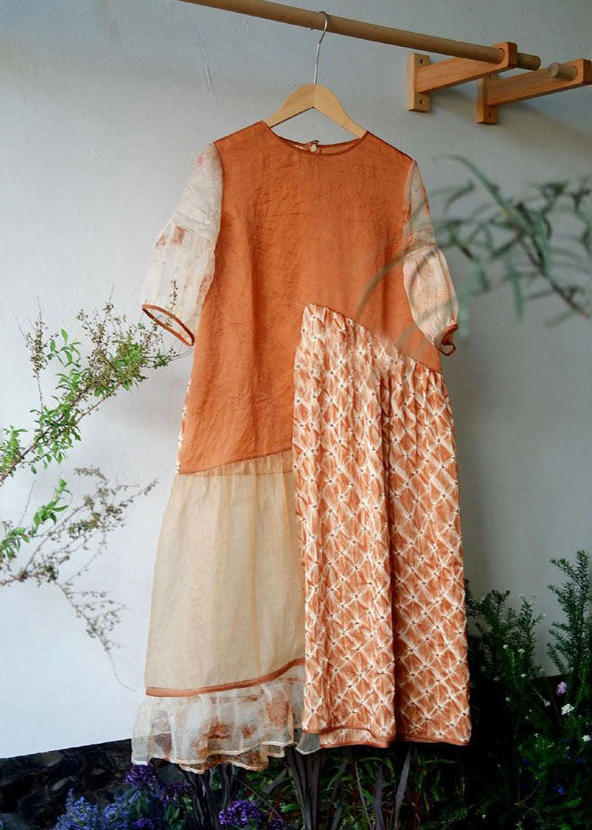 Handmade Orange O Neck Wrinkled Patchwork Cotton Dress Summer Ada Fashion