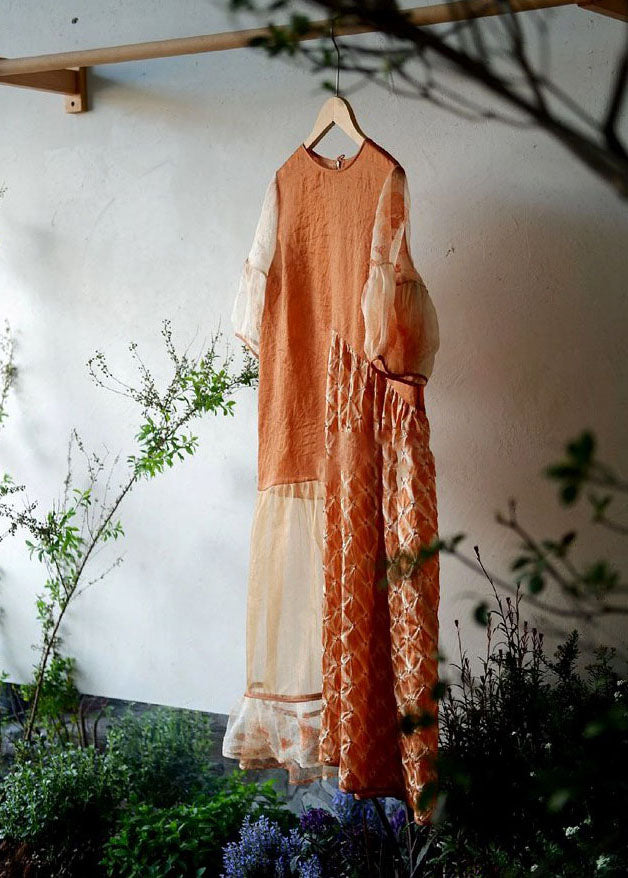 Handmade Orange O Neck Wrinkled Patchwork Cotton Dress Summer Ada Fashion