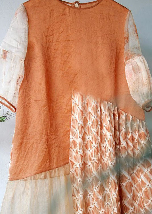 Handmade Orange O Neck Wrinkled Patchwork Cotton Dress Summer Ada Fashion