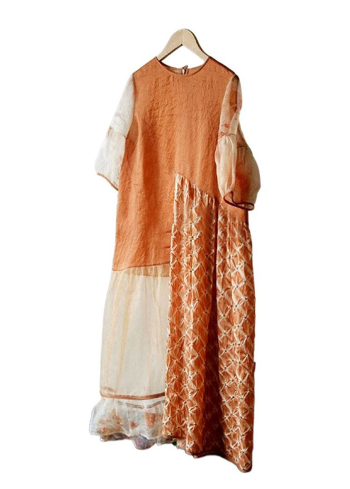 Handmade Orange O Neck Wrinkled Patchwork Cotton Dress Summer Ada Fashion