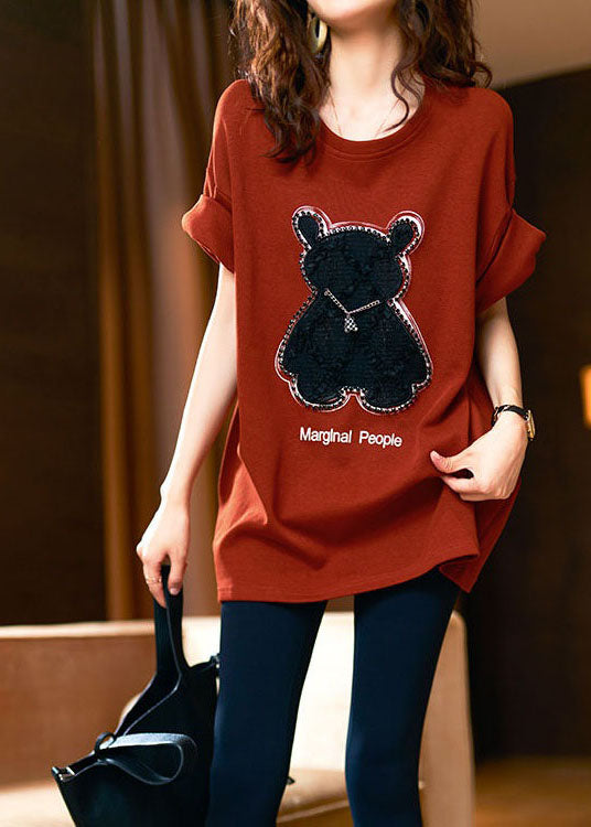 Handmade Orange O Neck Zircon Patchwork Cotton T Shirt Tops Summer LY3854 - fabuloryshop