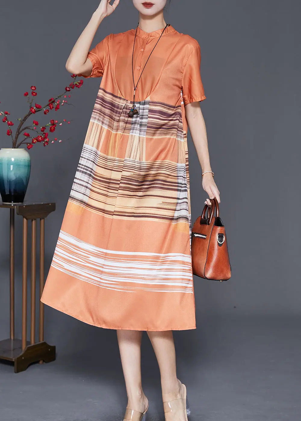 Handmade Orange Print Patchwork Hollow Out Long Dress Summer Ada Fashion