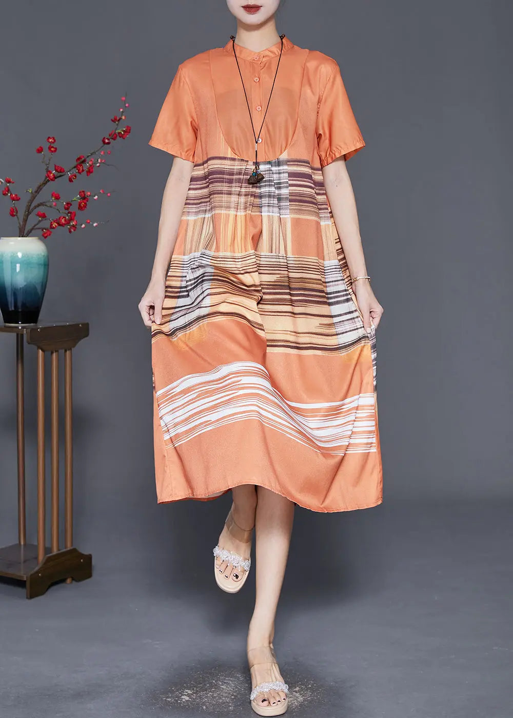 Handmade Orange Print Patchwork Hollow Out Long Dress Summer Ada Fashion