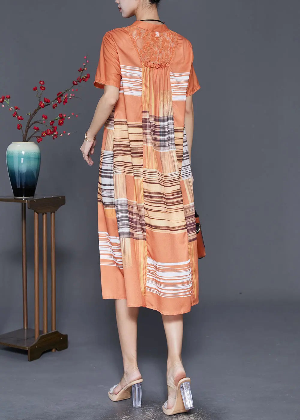 Handmade Orange Print Patchwork Hollow Out Long Dress Summer Ada Fashion