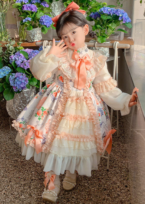 Handmade Orange Stand Collar Print Lace Patchwork Girls Long Dresses Fall Ada Fashion