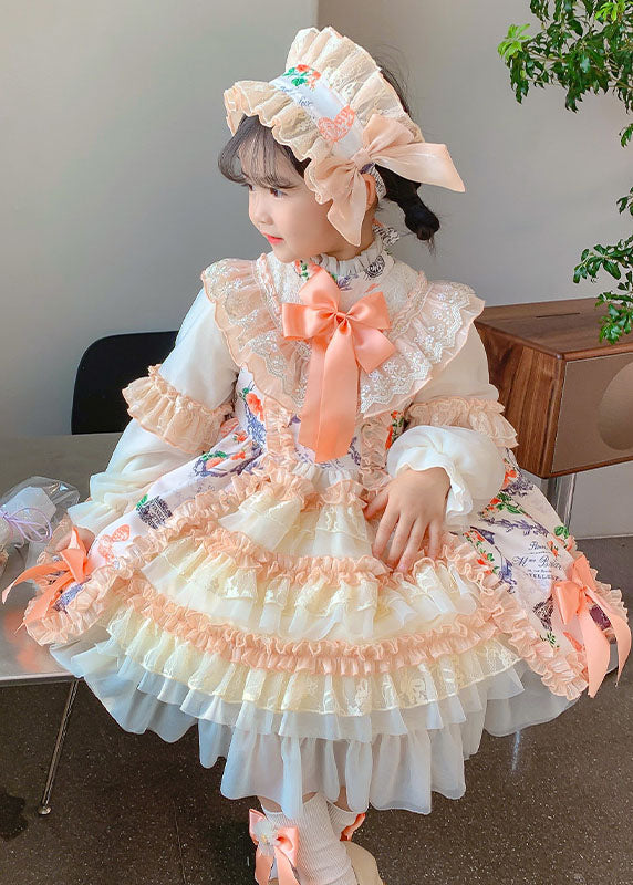 Handmade Orange Stand Collar Print Lace Patchwork Girls Long Dresses Fall Ada Fashion