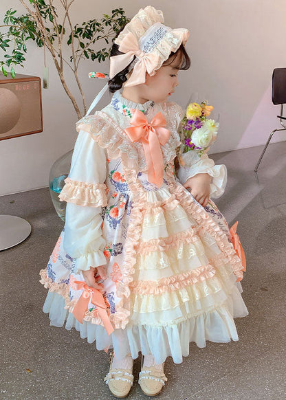 Handmade Orange Stand Collar Print Lace Patchwork Girls Long Dresses Fall Ada Fashion