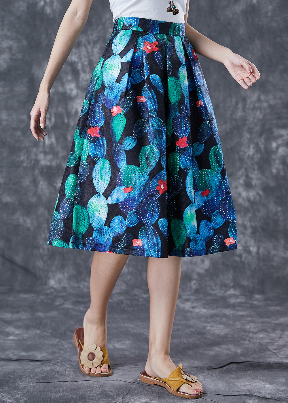 Handmade Peacock Blue High Waist Print Skirt Summer Ada Fashion