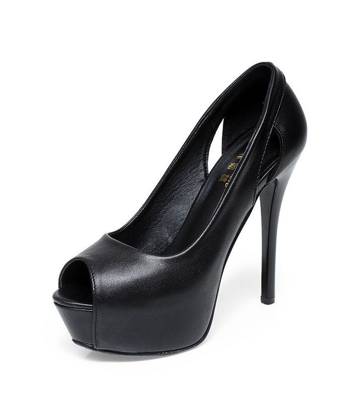 Handmade Peep Toe Stiletto High Heels Black Cowhide Leather LC0178 - fabuloryshop