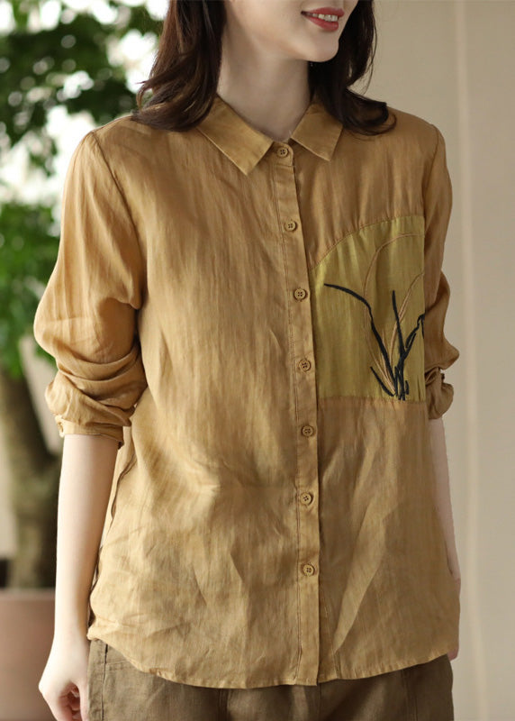 Handmade Peter Pan Collar Embroideried Button Ramie Shirts Long Sleeve LY5077 - fabuloryshop