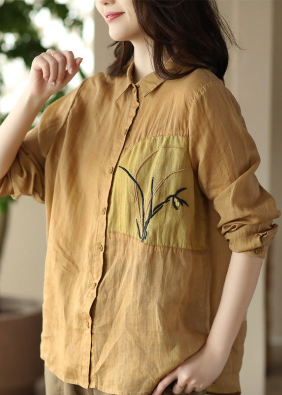 Handmade Peter Pan Collar Embroideried Button Ramie Shirts Long Sleeve LY5077 - fabuloryshop