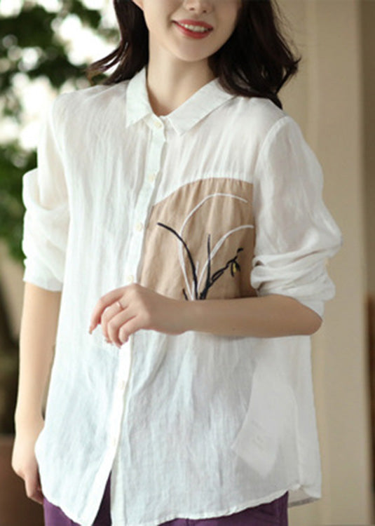 Handmade Peter Pan Collar Embroideried Button Ramie Shirts Long Sleeve LY5077 - fabuloryshop