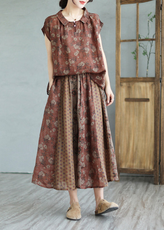 Handmade Peter Pan Collar Print Linen Shirts And Maxi Skirts Two Pieces Set Summer LY2961 - fabuloryshop