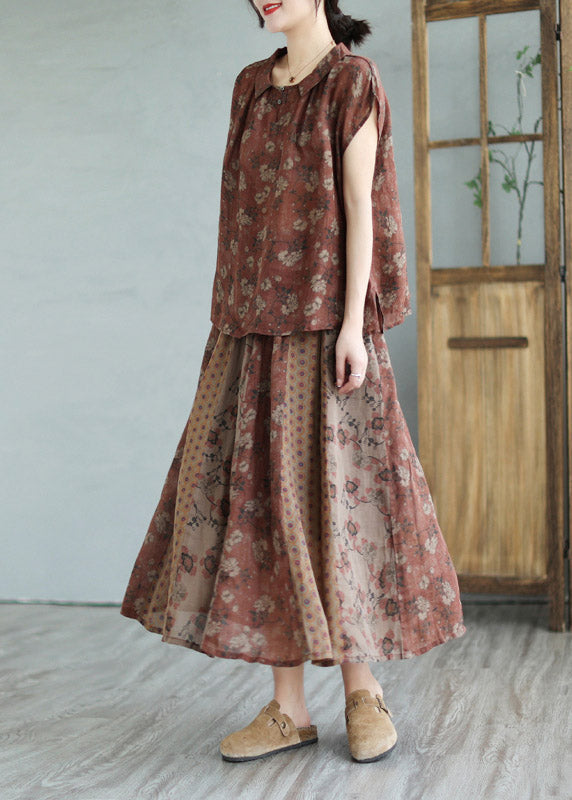 Handmade Peter Pan Collar Print Linen Shirts And Maxi Skirts Two Pieces Set Summer LY2961 - fabuloryshop