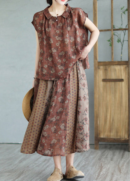 Handmade Peter Pan Collar Print Linen Shirts And Maxi Skirts Two Pieces Set Summer LY2961 - fabuloryshop