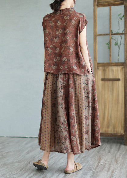 Handmade Peter Pan Collar Print Linen Shirts And Maxi Skirts Two Pieces Set Summer LY2961 - fabuloryshop